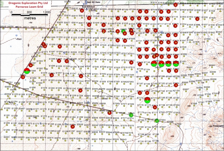 Topographic map showing location of Stockdale surface loam samples at Parnaroo. Red 
circles indicate pyrope was recovered, green circles show picroilmenite was recovered 
and half red and green show samples which recovered both types of minerals.