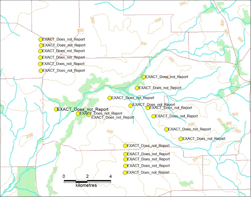 Same area as historical diamond exploration sampling map above with samples from a government database.