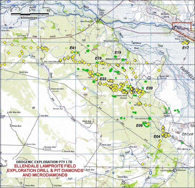 Location of diamonds recovered below the surface from Ellendale Lamproite Field.