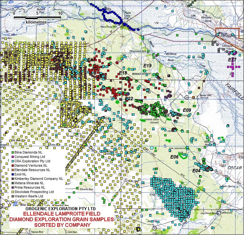 Exploration samples for Diamond and Indicator mineral examination from Ellendale Lamproite Field.