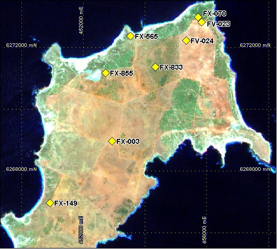 Location of diamonds recovered on Flinders Island up to Mar05